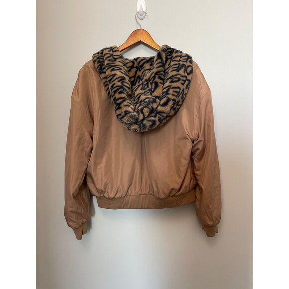 Reversible NY&C Womens Hooded Bomber Jacket With "Leopard" Feaux fur Print & Tan - Picture 7 of 12